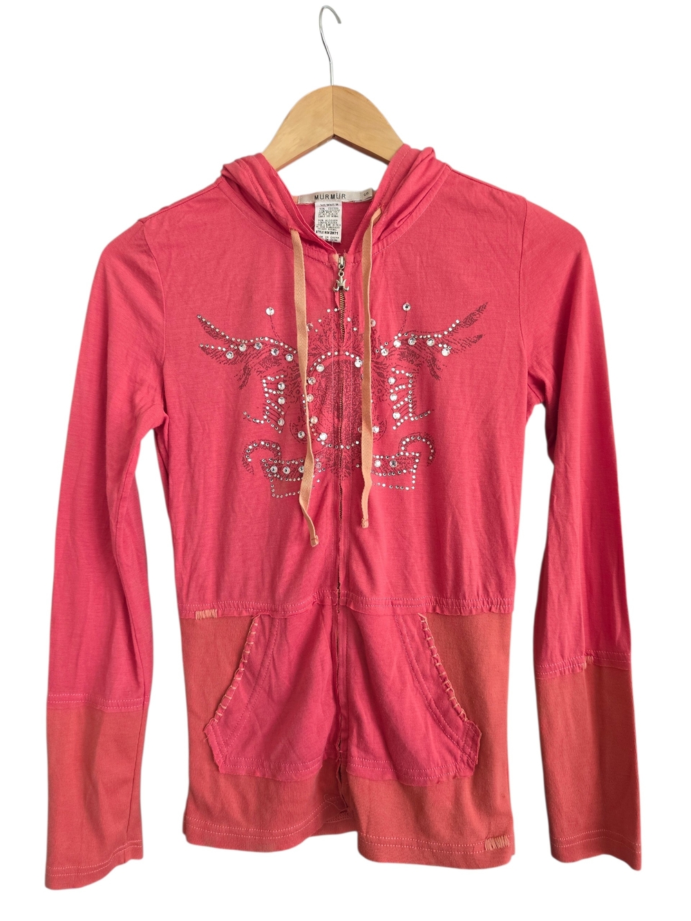 NWOT Mur Mur Embellished Pink Zip Hoodie with Hood and Front Pockets